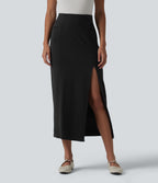 High Waisted Split Bodycon Midi Work Skirt — Black — view 6