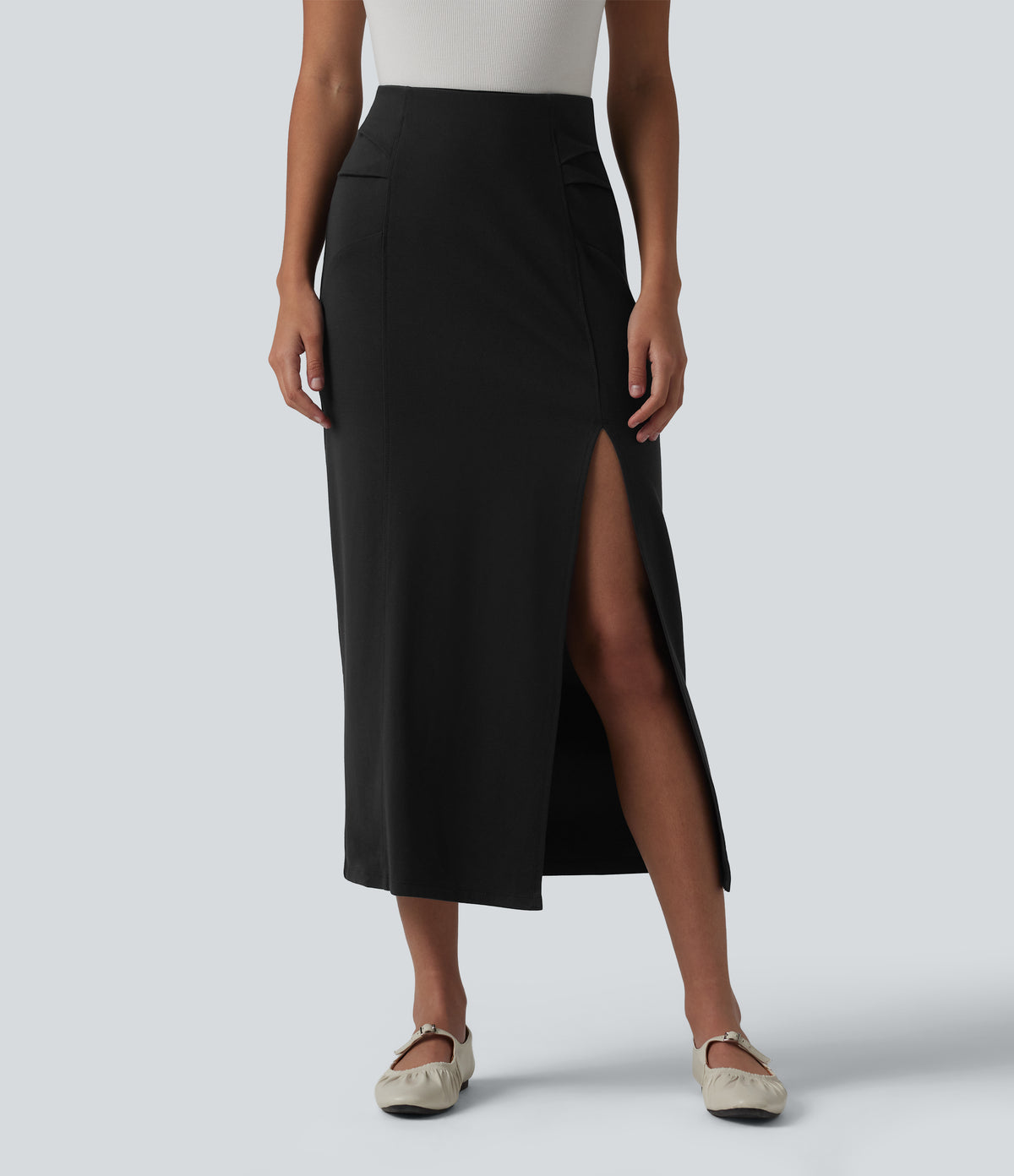 High Waisted Split Bodycon Midi Work Skirt — Black — view 6