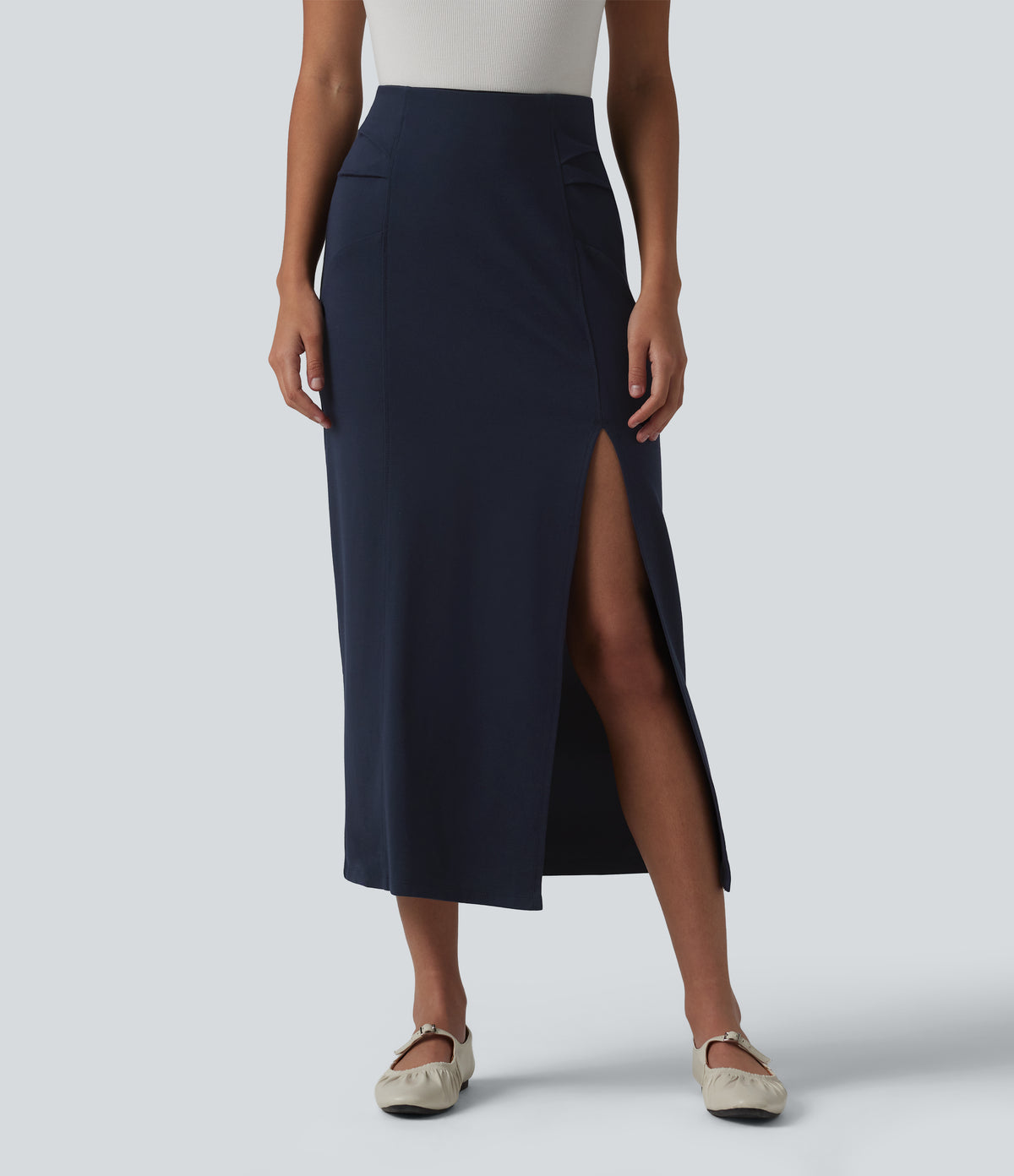 High Waisted Split Bodycon Midi Work Skirt — Always in a Mood - Dark Blue — view 1