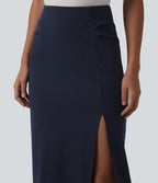 High Waisted Split Bodycon Midi Work Skirt — Always in a Mood - Dark Blue — view 4