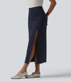 High Waisted Split Bodycon Midi Work Skirt — Always in a Mood - Dark Blue — view 3
