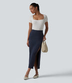 High Waisted Split Bodycon Midi Work Skirt — Always in a Mood - Dark Blue — view 5