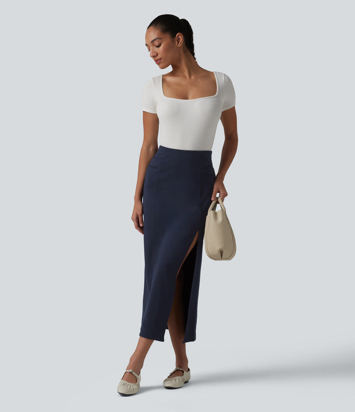 High Waisted Split Bodycon Midi Work Skirt — Always in a Mood - Dark Blue — view 5