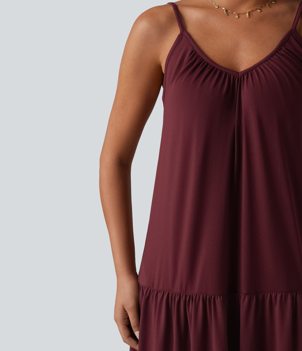 V-neck Split Hem Maxi Flowy Resort Slip Dress — Burgundy — view 5
