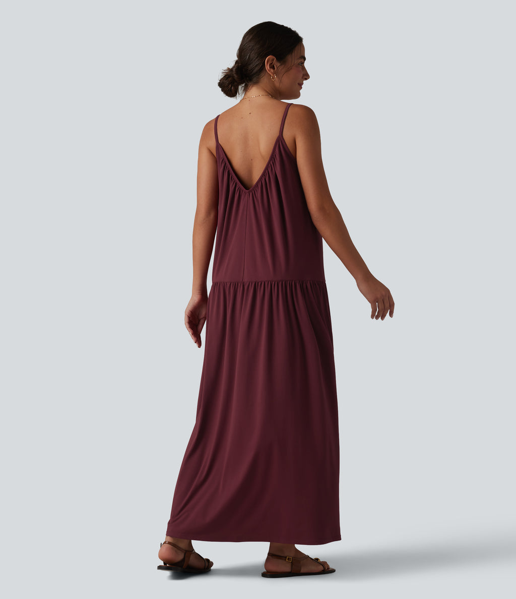 V-neck Split Hem Maxi Flowy Resort Slip Dress — Burgundy — view 1