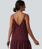 V-neck Split Hem Maxi Flowy Resort Slip Dress — Burgundy — view 7