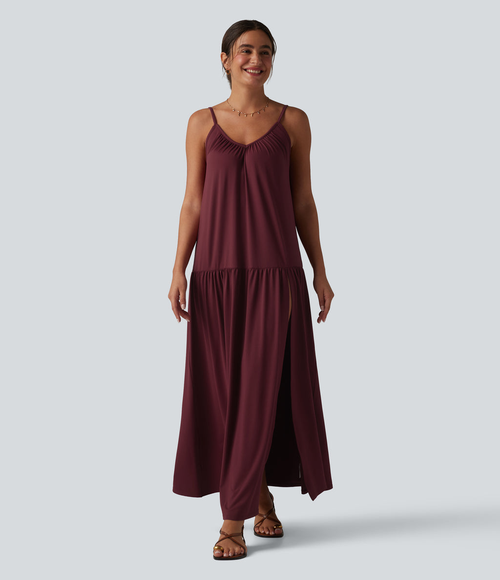 V-neck Split Hem Maxi Flowy Resort Slip Dress — Burgundy — view 3