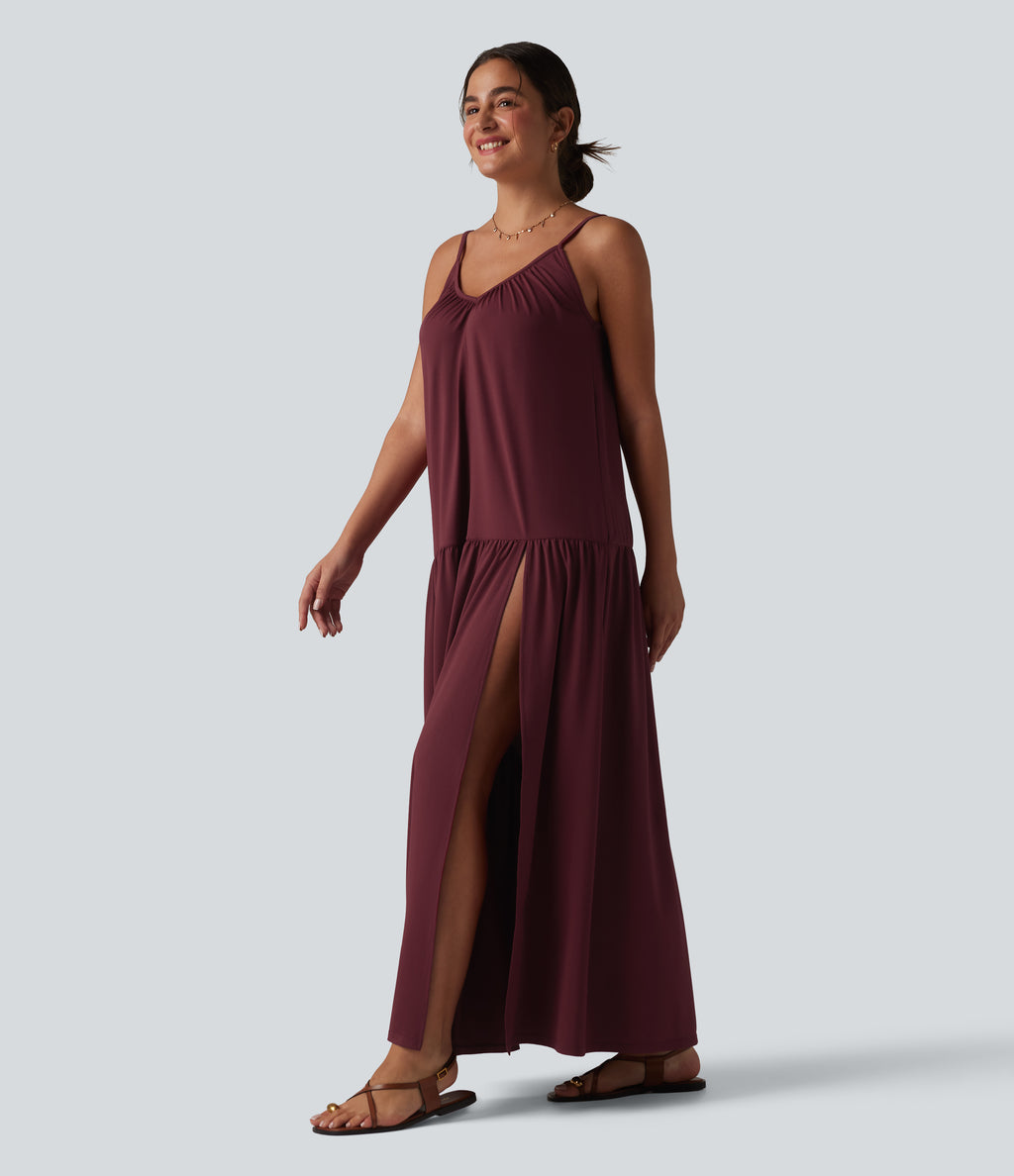 V-neck Split Hem Maxi Flowy Resort Slip Dress — Burgundy — view 4
