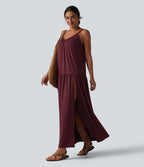 V-neck Split Hem Maxi Flowy Resort Slip Dress — Burgundy — view 2