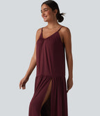 V-neck Split Hem Maxi Flowy Resort Slip Dress — Burgundy — view 6