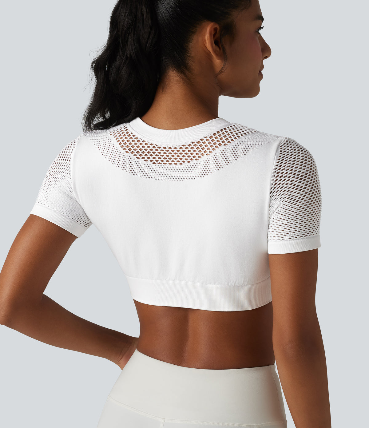 OneForm Seamless Flow Round Neck Short Sleeve Cut Out Cropped Workout Sports Top — White — view 1