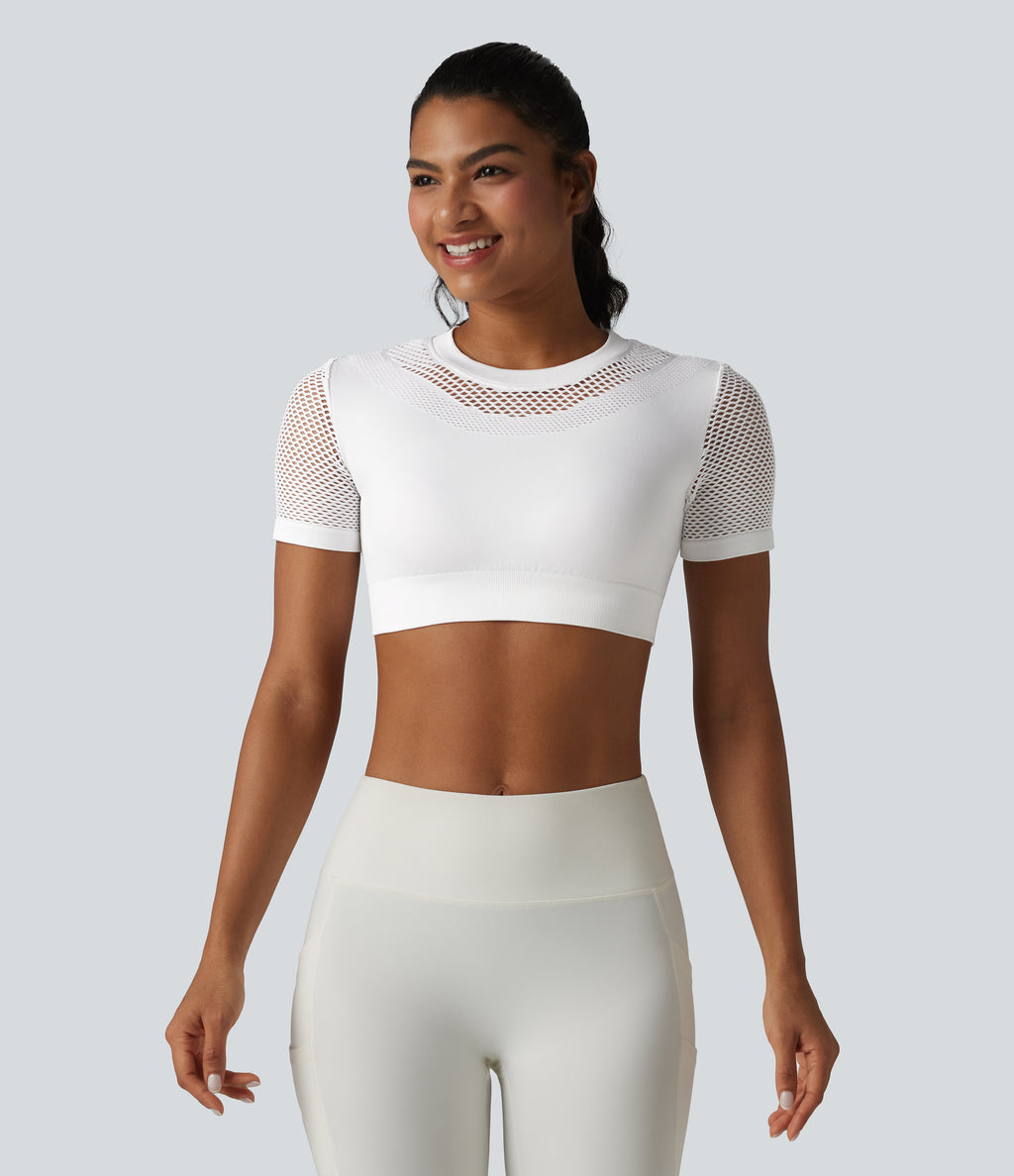OneForm Seamless Flow Round Neck Short Sleeve Cut Out Cropped Workout Sports Top — White — view 3