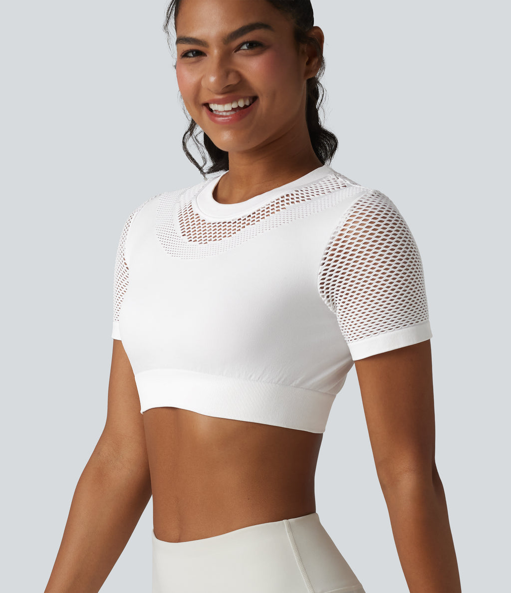 OneForm Seamless Flow Round Neck Short Sleeve Cut Out Cropped Workout Sports Top — White — view 5