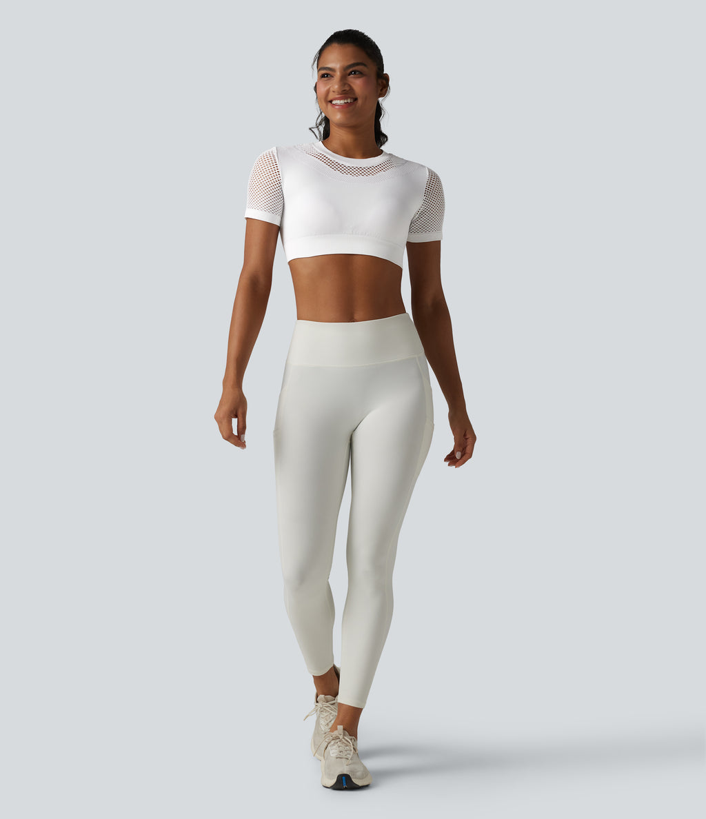 OneForm Seamless Flow Round Neck Short Sleeve Cut Out Cropped Workout Sports Top — White — view 6