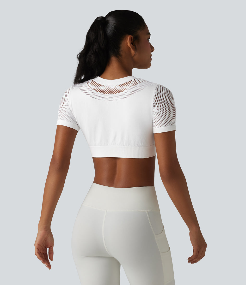 OneForm Seamless Flow Round Neck Short Sleeve Cut Out Cropped Workout Sports Top — White — view 2