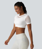 OneForm Seamless Flow Round Neck Short Sleeve Cut Out Cropped Workout Sports Top — White — view 4