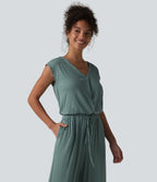 V-neck Sleeveless Drawstring Casual Jumpsuit with Pockets — Stone Blue — view 5