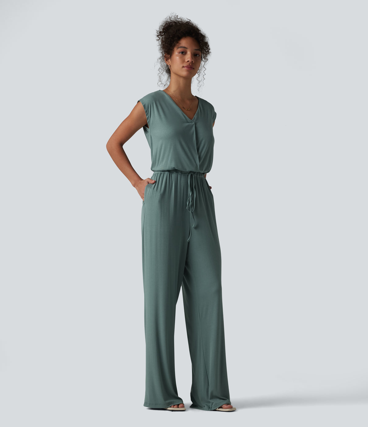 V-neck Sleeveless Drawstring Casual Jumpsuit with Pockets — Stone Blue — view 3