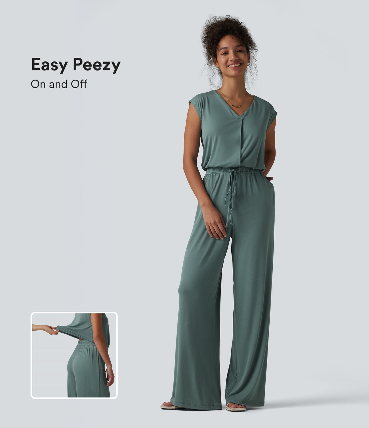V-neck Sleeveless Drawstring Casual Jumpsuit with Pockets — Stone Blue — view 1