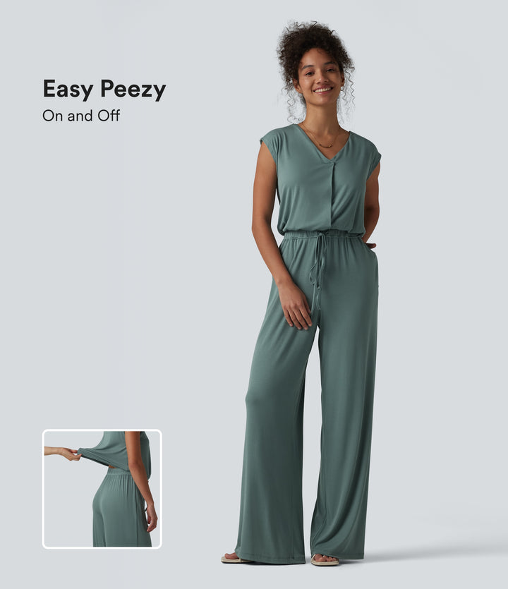 V-neck Sleeveless Drawstring Casual Jumpsuit with Pockets — Stone Blue — view 1