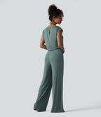 V-neck Sleeveless Drawstring Casual Jumpsuit with Pockets — Stone Blue — view 2