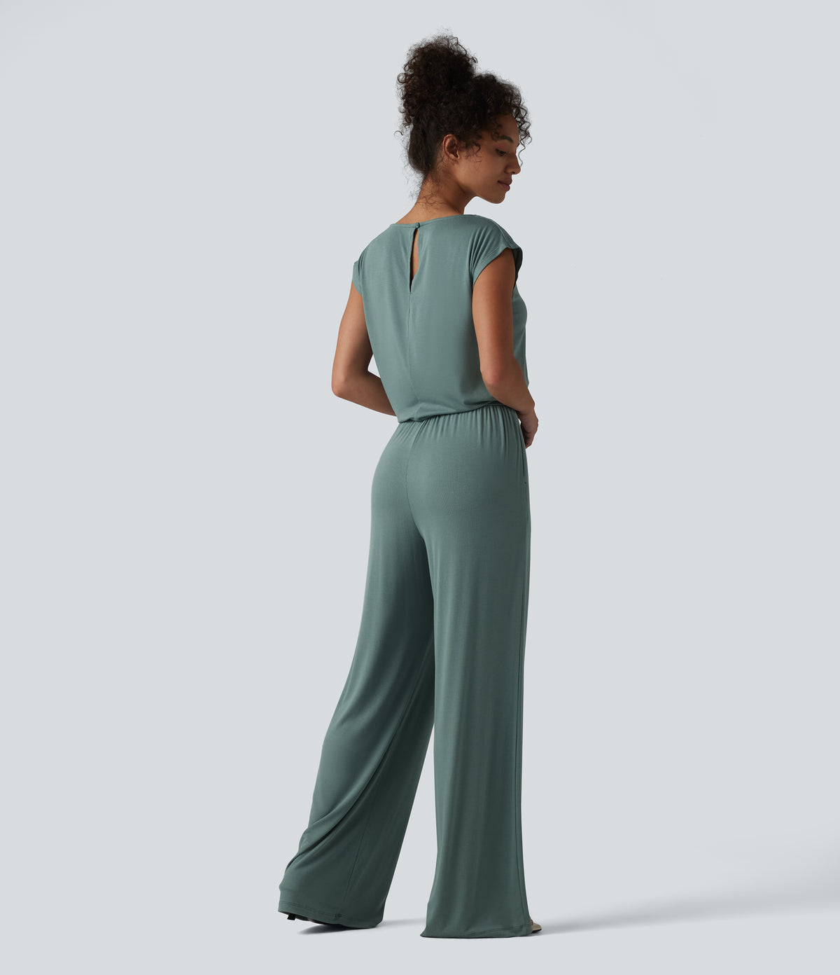 V-neck Sleeveless Drawstring Casual Jumpsuit with Pockets — Stone Blue — view 2