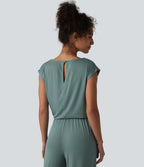 V-neck Sleeveless Drawstring Casual Jumpsuit with Pockets — Stone Blue — view 6