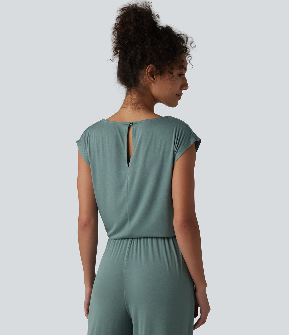 V-neck Sleeveless Drawstring Casual Jumpsuit with Pockets — Stone Blue — view 6