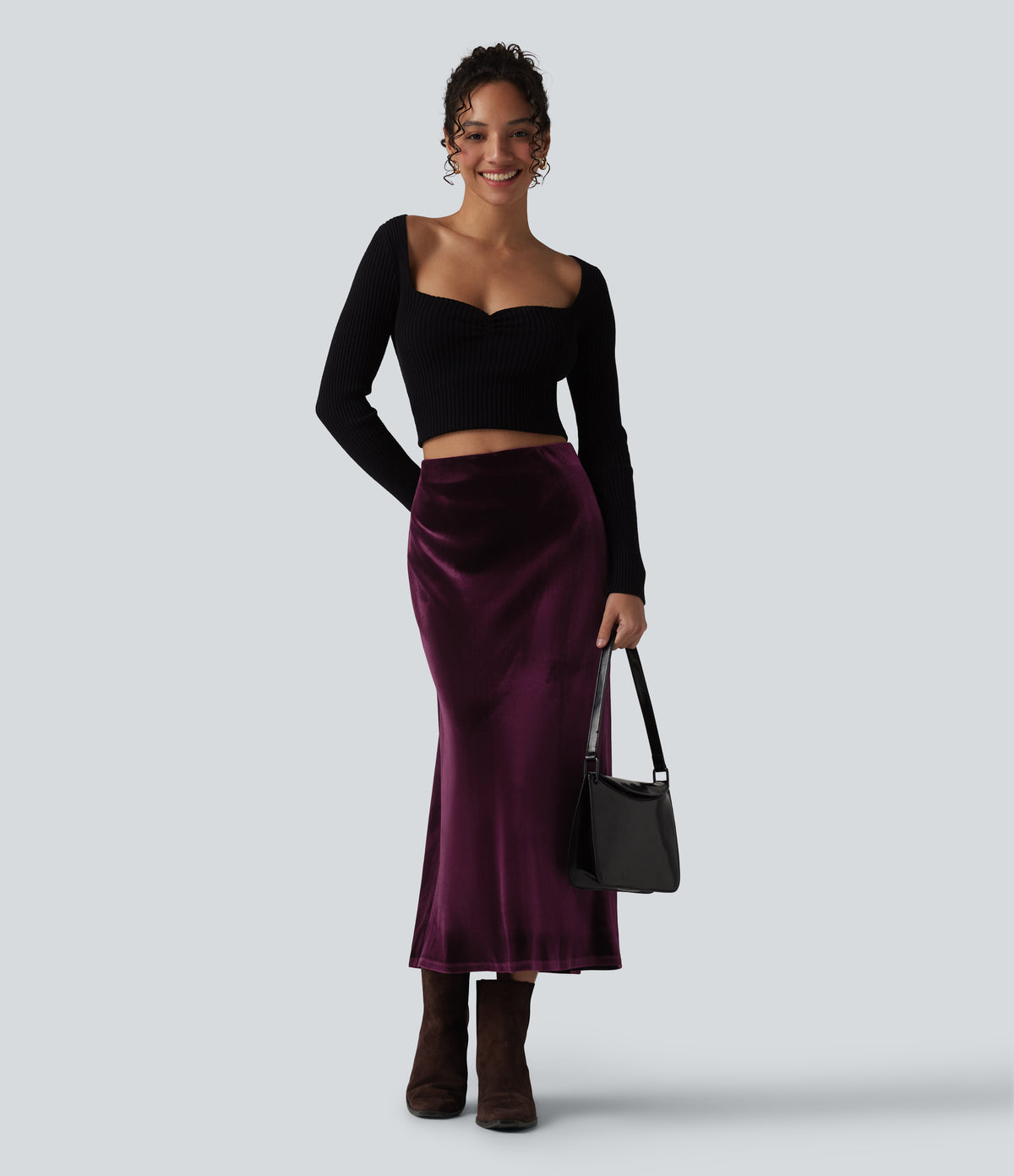 High Waisted Velvet Midi Work Skirt — Dusky purple — view 6