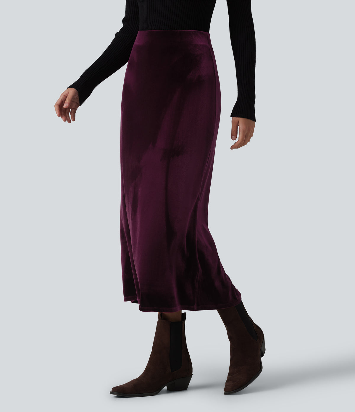 High Waisted Velvet Midi Work Skirt — Dusky purple — view 3