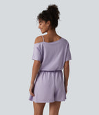 One Shoulder Short Sleeve Pleated Waffle Casual Playsuit with Pockets-Edition — Mashed Taro purple — view 2