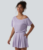 One Shoulder Short Sleeve Pleated Waffle Casual Playsuit with Pockets-Edition — Mashed Taro purple — view 6