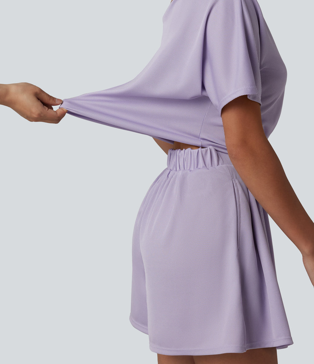 One Shoulder Short Sleeve Pleated Waffle Casual Playsuit with Pockets-Edition — Mashed Taro purple — view 4