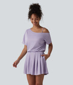 One Shoulder Short Sleeve Pleated Waffle Casual Playsuit with Pockets-Edition — Mashed Taro purple — view 3