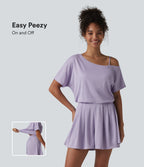 One Shoulder Short Sleeve Pleated Waffle Casual Playsuit with Pockets-Edition — Mashed Taro purple — view 1