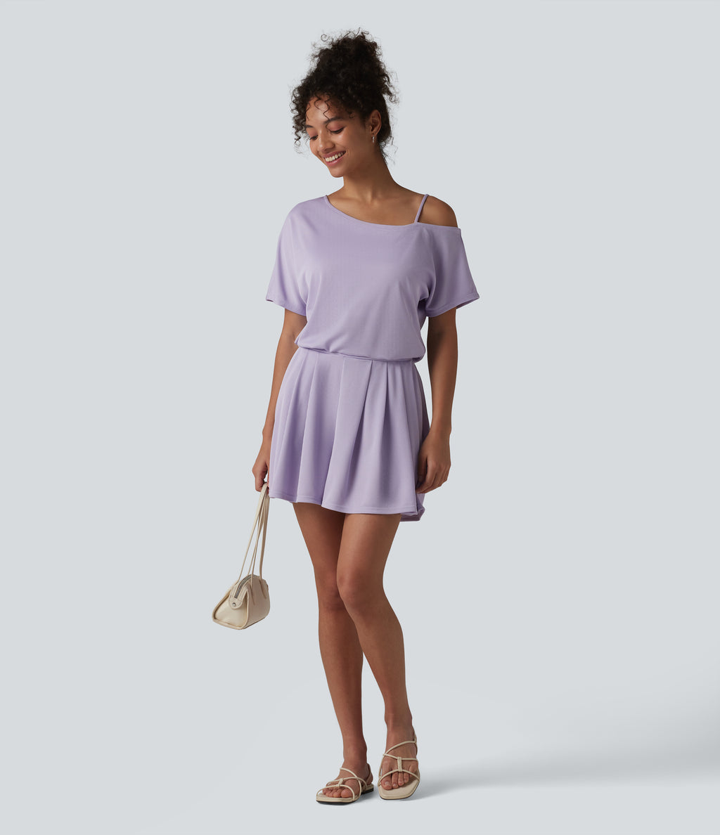 One Shoulder Short Sleeve Pleated Waffle Casual Playsuit with Pockets-Edition — Mashed Taro purple — view 7