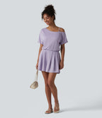 One Shoulder Short Sleeve Pleated Waffle Casual Playsuit with Pockets-Edition — Mashed Taro purple — view 7