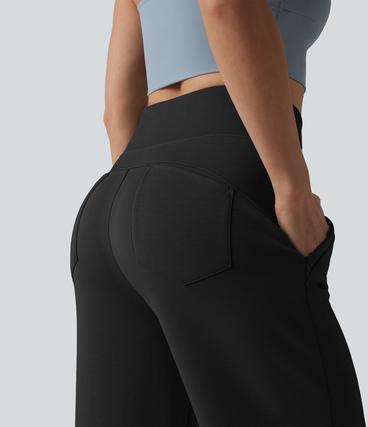 SpacerTek High Waisted Tummy Control Casual Wide Leg Sweatpants with Pockets — Black — view 5
