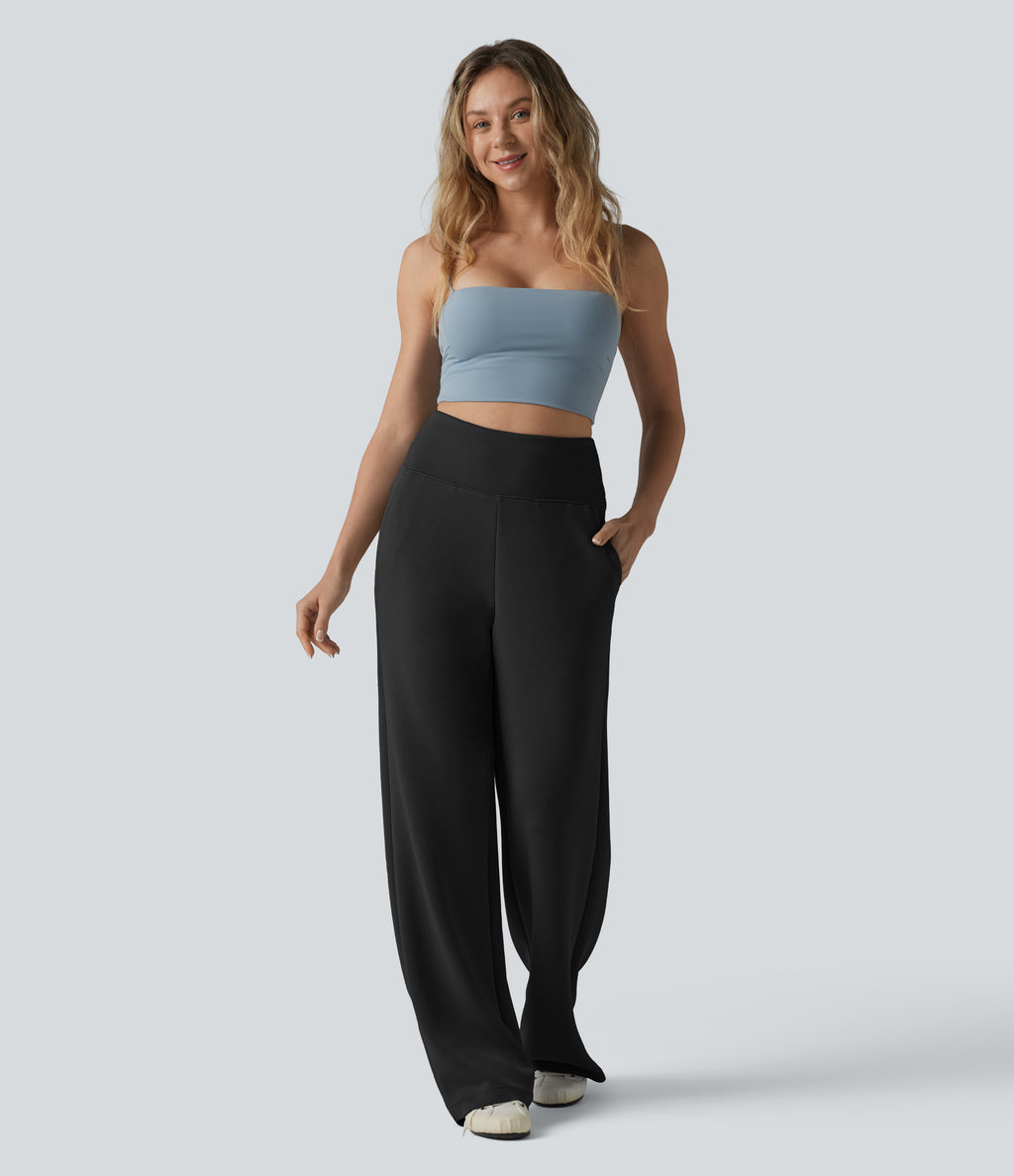 SpacerTek High Waisted Tummy Control Casual Wide Leg Sweatpants with Pockets — Black — view 6
