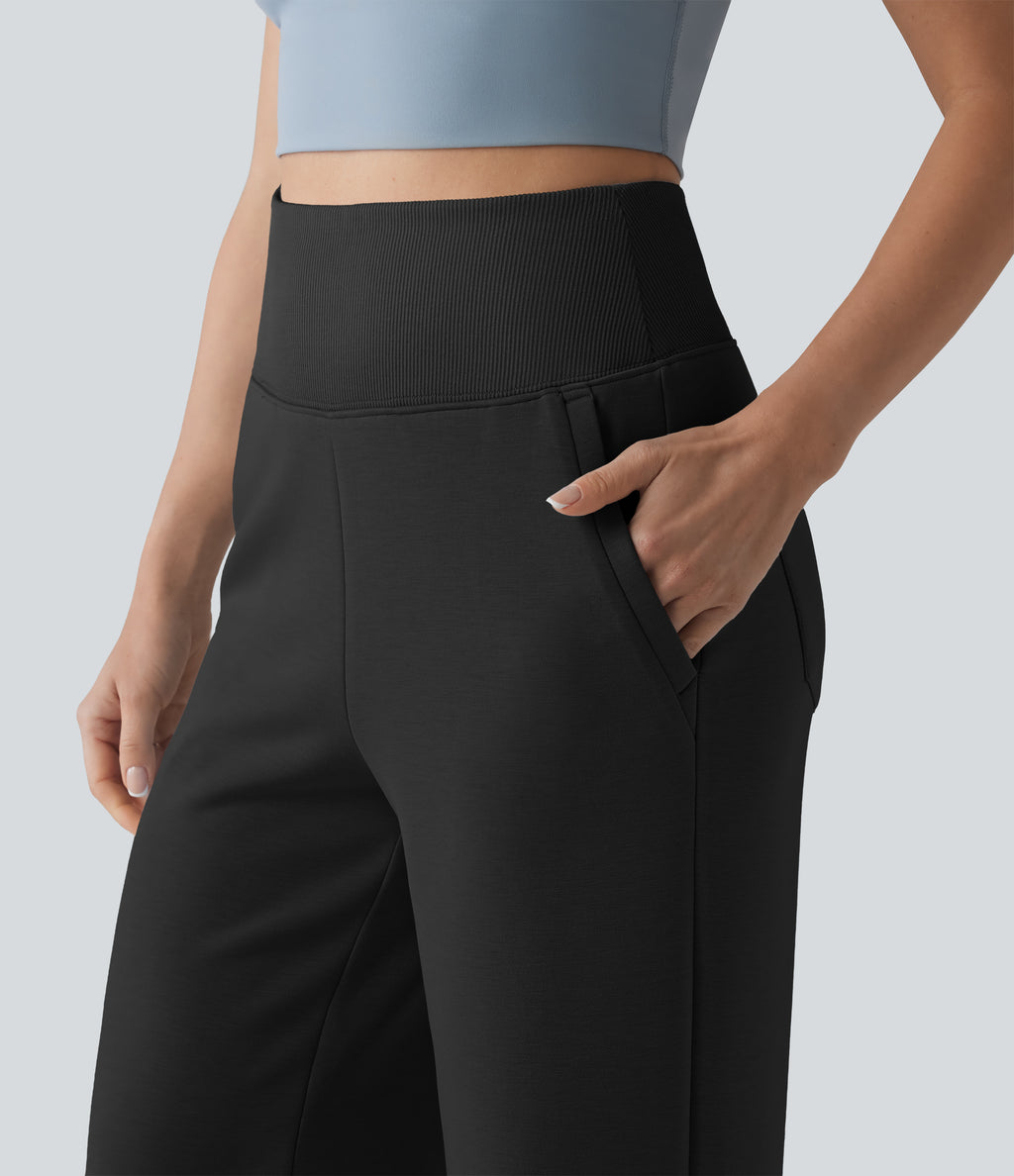 SpacerTek High Waisted Tummy Control Casual Wide Leg Sweatpants with Pockets — Black — view 4
