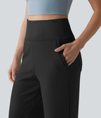 SpacerTek High Waisted Tummy Control Casual Wide Leg Sweatpants with Pockets — Black — view 4
