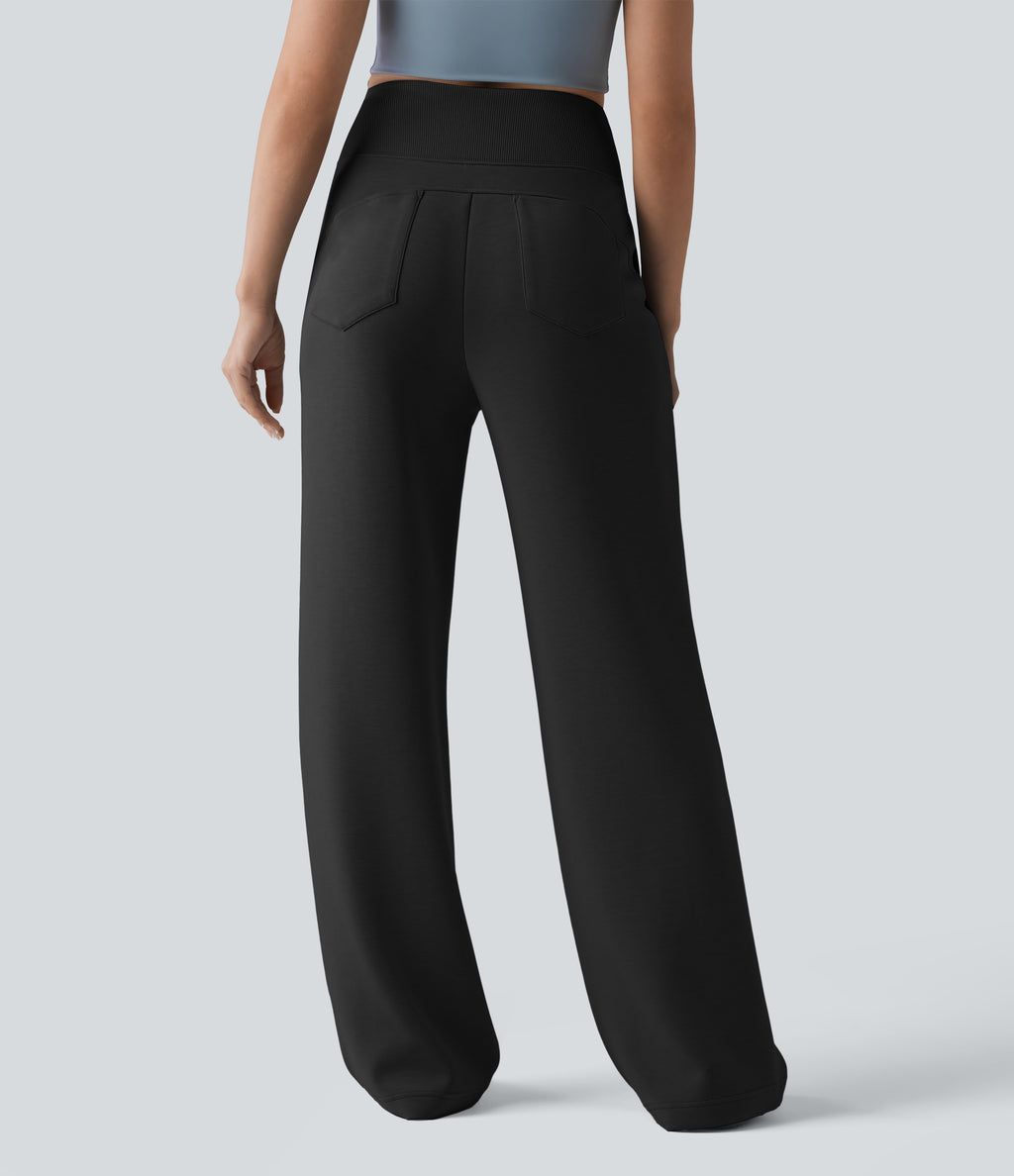 SpacerTek High Waisted Tummy Control Casual Wide Leg Sweatpants with Pockets — Black — view 2