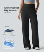SpacerTek High Waisted Tummy Control Casual Wide Leg Sweatpants with Pockets — Black — view 1