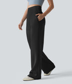 SpacerTek High Waisted Tummy Control Casual Wide Leg Sweatpants with Pockets — Black — view 3