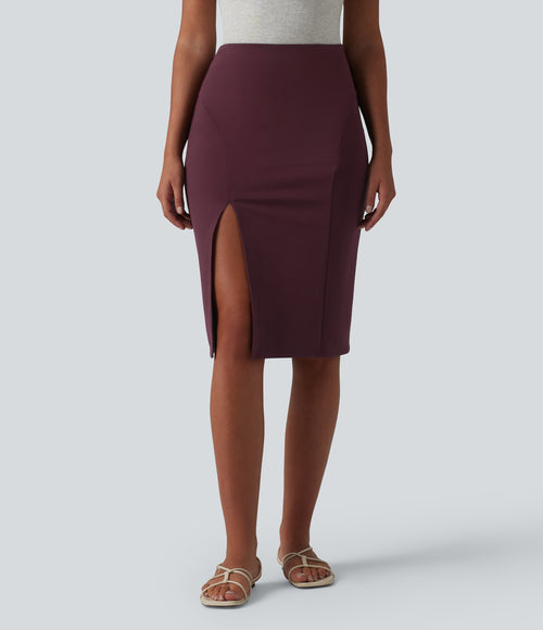 High Waisted Bodycon Knee Length Casual Skirt — Deep Crimson — view 1