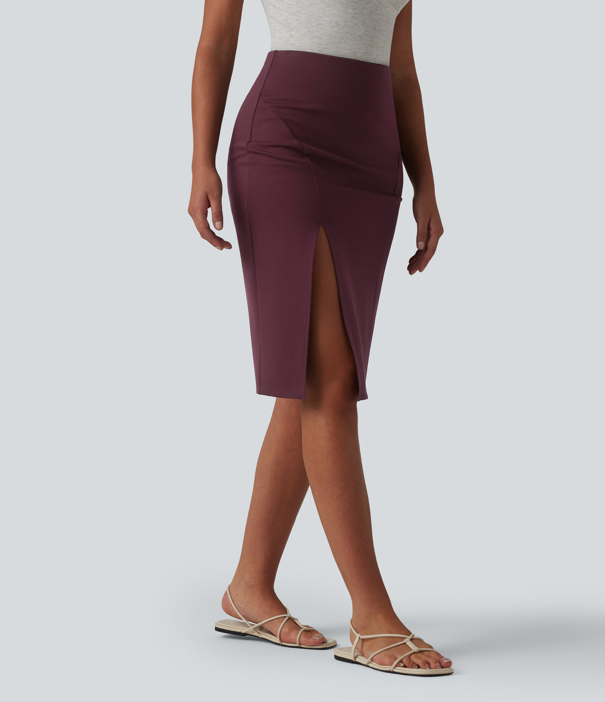 High Waisted Bodycon Knee Length Casual Skirt — Deep Crimson — view 3