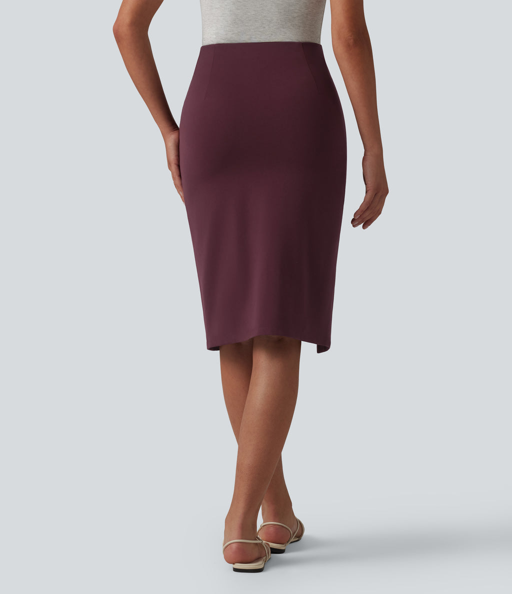 High Waisted Bodycon Knee Length Casual Skirt — Deep Crimson — view 2