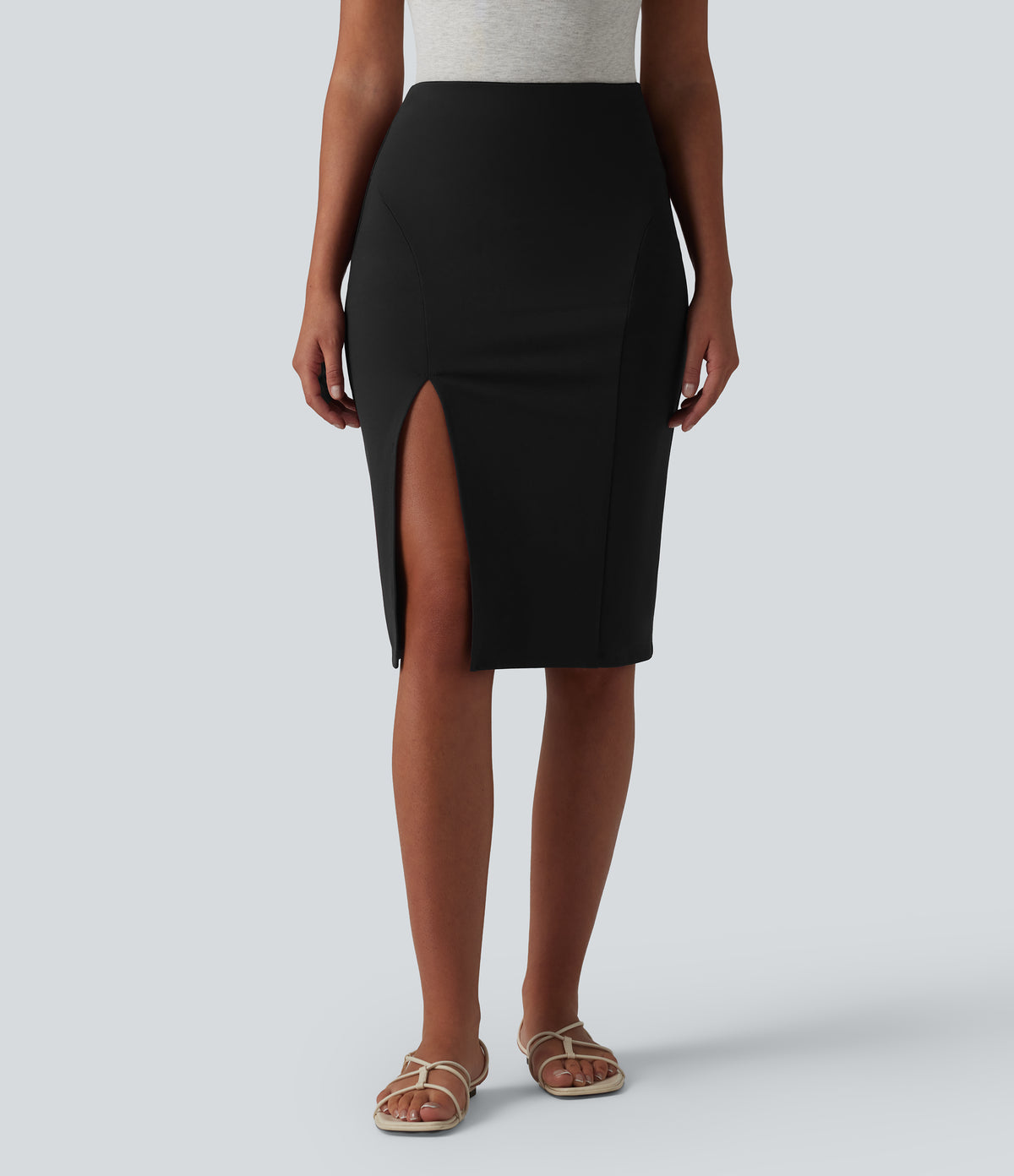 High Waisted Bodycon Knee Length Casual Skirt — Black — view 6
