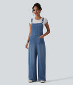 Adjustable Straps Draped Lyocell Washed Casual Baggy Dungarees with Pockets — Blue Jasper Denim — view 1