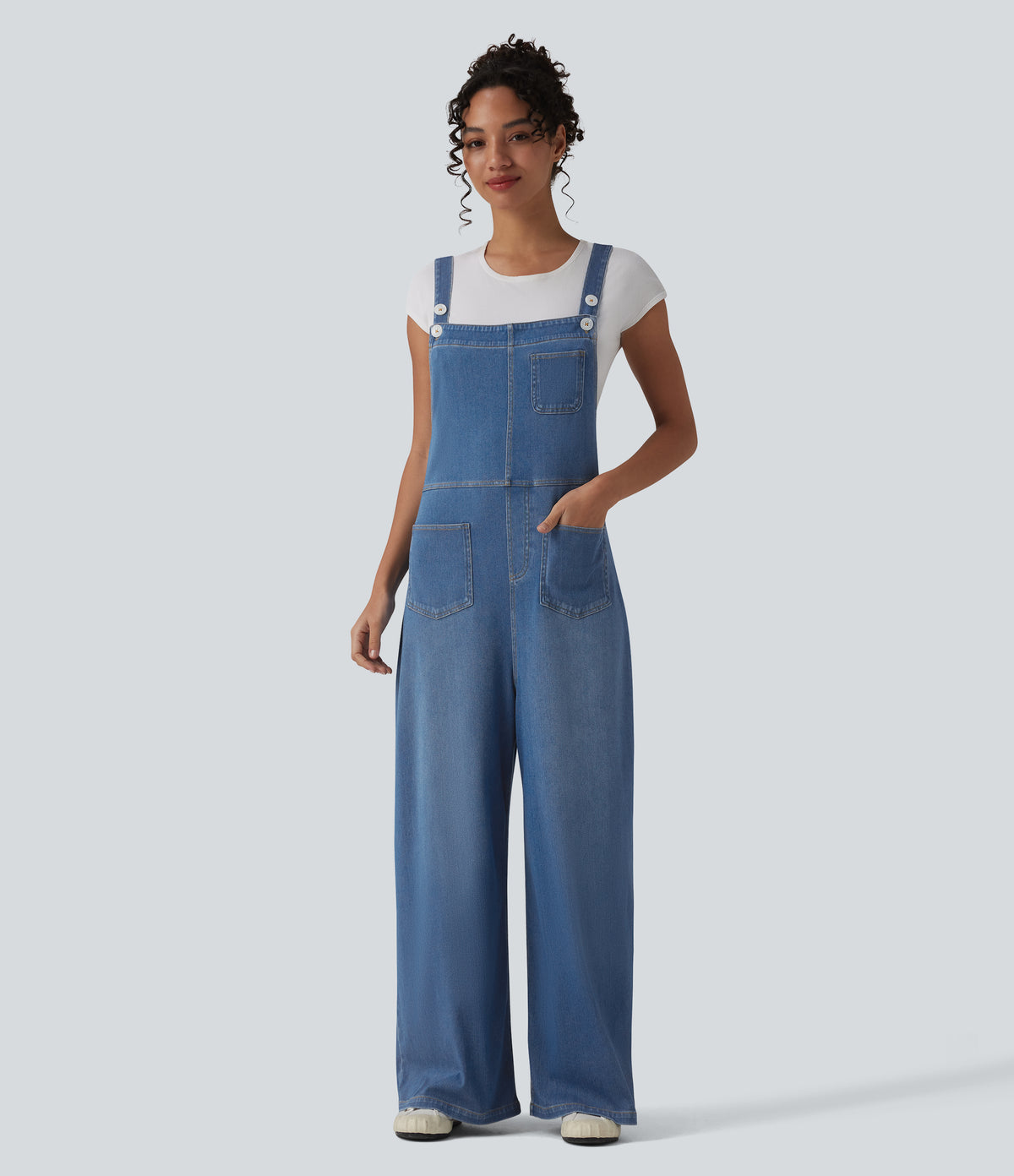 Adjustable Straps Draped Lyocell Washed Casual Baggy Dungarees with Pockets — Blue Jasper Denim — view 1